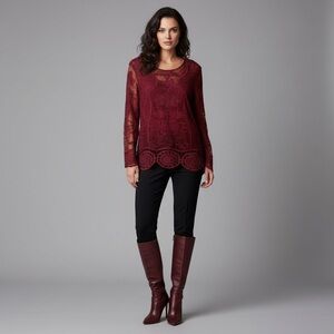 Blair Burgundy Floral Crochet Lace Boho Lined Top – XL